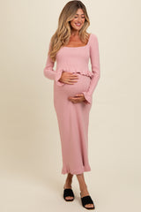 Pink Ruffle Hem Knit Top And Midi Skirt Maternity Set