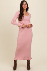 Pink Ruffle Hem Knit Top And Midi Skirt Maternity Set