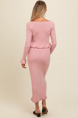 Pink Ruffle Hem Knit Top And Midi Skirt Maternity Set