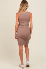 Brown Ribbed Ruched Sleeveless Maternity Dress