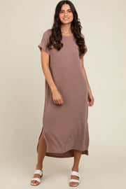 Taupe Ribbed Short Sleeve Midi Dress