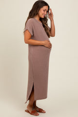 Taupe Ribbed Short Sleeve Maternity Midi Dress