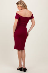 Burgundy Off Shoulder Fitted Maternity Midi Dress