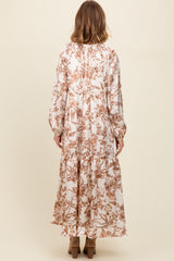 Brown Floral Tassel Tie Front Maxi Dress