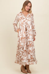 Brown Floral Tassel Tie Front Maxi Dress