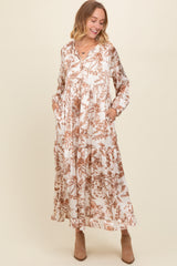 Brown Floral Tassel Tie Front Maxi Dress