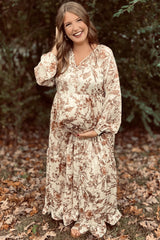 Brown Floral Tassel Tie Front Maternity Maxi Dress