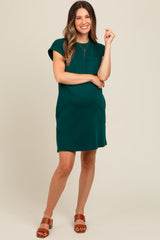 Green Front Pocket Line Textured Short Sleeve Maternity Dress