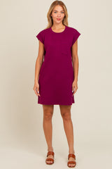 Violet Front Pocket Line Textured Short Sleeve Dress