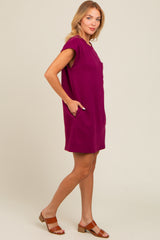 Violet Front Pocket Line Textured Short Sleeve Dress