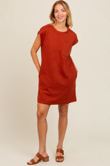 Rust Front Pocket Line Textured Short Sleeve Dress