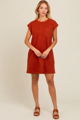 Rust Front Pocket Line Textured Short Sleeve Dress