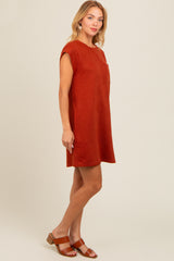 Rust Front Pocket Line Textured Short Sleeve Dress