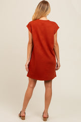 Rust Front Pocket Line Textured Short Sleeve Dress