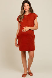 Rust Front Pocket Line Textured Short Sleeve Maternity Dress