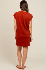 Rust Front Pocket Line Textured Short Sleeve Maternity Dress