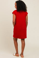 Deep Red Front Pocket Line Textured Short Sleeve Dress