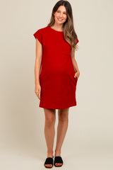 Deep Red Front Pocket Line Textured Short Sleeve Maternity Dress