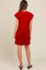 Deep Red Front Pocket Line Textured Short Sleeve Maternity Dress