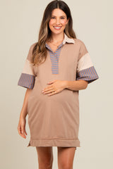 Mocha Striped Color Block Collared Terry Maternity Dress