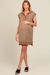 Olive Brown Striped Knit Cap Sleeve Maternity Mini Dress