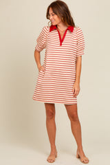 Cream Striped Collared Puff Sleeve Maternity Dress