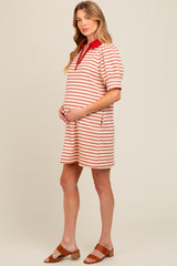 Cream Striped Collared Puff Sleeve Maternity Dress