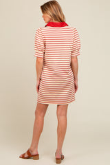 Cream Striped Collared Puff Sleeve Maternity Dress