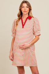 Cream Striped Collared Puff Sleeve Maternity Dress