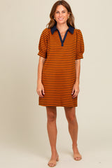 Camel Striped Collared Puff Sleeve Dress