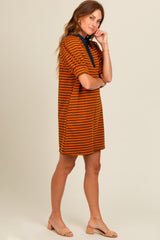 Camel Striped Collared Puff Sleeve Dress