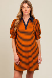 Camel Striped Collared Puff Sleeve Maternity Dress