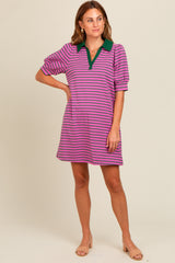 Violet Striped Collared Puff Sleeve Dress