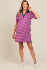 Violet Striped Collared Puff Sleeve Maternity Dress