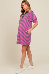 Violet Striped Collared Puff Sleeve Maternity Dress