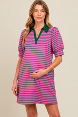 Violet Striped Collared Puff Sleeve Maternity Dress