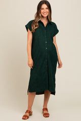 Forest Green Corduroy Button Down Maternity Midi Dress