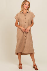 Beige Corduroy Button Down Midi Dress