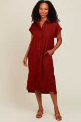 Rust Corduroy Button Down Midi Dress