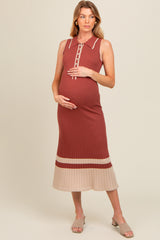 Rust Knit Button Front Contrast Border Maternity Midi Dress