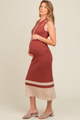 Rust Knit Button Front Contrast Border Maternity Midi Dress