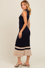 Navy Knit Button Front Contrast Border Midi Dress