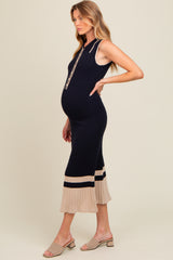 Navy Knit Button Front Contrast Border Maternity Midi Dress