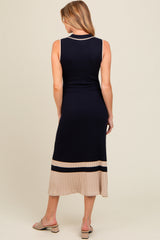 Navy Knit Button Front Contrast Border Maternity Midi Dress