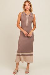 Mocha Knit Button Front Contrast Border Maternity Midi Dress