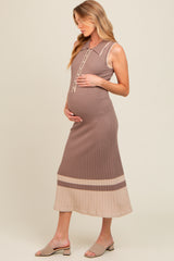 Mocha Knit Button Front Contrast Border Maternity Midi Dress