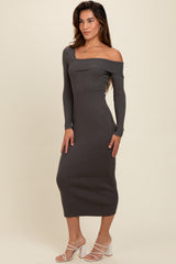 Charcoal Foldover One Shoulder Maxi Sweater Dress