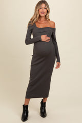 Charcoal Foldover One Shoulder Maternity Maxi Sweater Dress