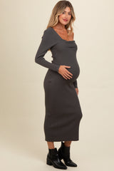 Charcoal Foldover One Shoulder Maternity Maxi Sweater Dress