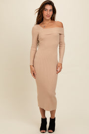 Beige Foldover One Shoulder Maxi Sweater Dress